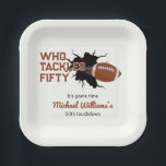 Who Tackles Fifty Funny Football 50th Birthday Paper Plates<br><div class="desc">Score big with this energetic football-themed birthday paper plate! With “Who Tackles Fifty” boldly headlining the design in a sporty font and a football bursting from a splash, this plate sets the tone for a fun, high-energy celebration. All party info is fully customizable. Great for celebrating 50—or any age you...</div>