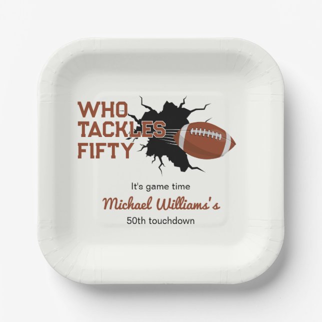 Who Tackles Fifty Funny Football 50th Birthday Paper Plates (Front)