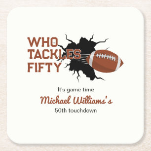 Who Tackles Fifty Funny Football 50th Birthday Square Paper Coaster