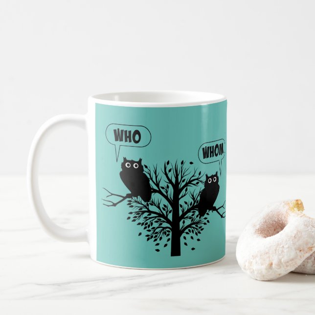Who Whom Grammar Owls English Style Humor Coffee Mug (With Donut)