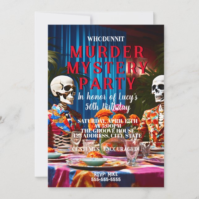 whodunit murder mystery 1960's style dinner party invitation (Front)