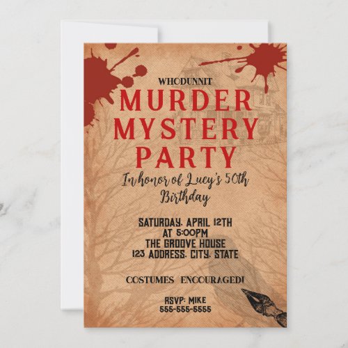 whodunit murder mystery bloody party 40th 50th 60  invitation