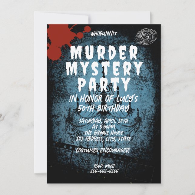 whodunit murder mystery bloody party 40th 50th 60  invitation (Front)