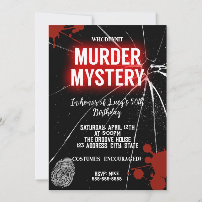 whodunit murder mystery bloody party 40th 50th 60  invitation (Front)