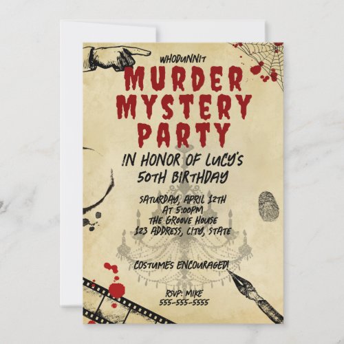 whodunit murder mystery bloody party 40th 50th 60 invitation