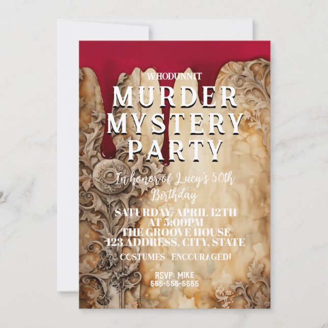 whodunit murder mystery bloody party 40th 50th 60  invitation (Front)