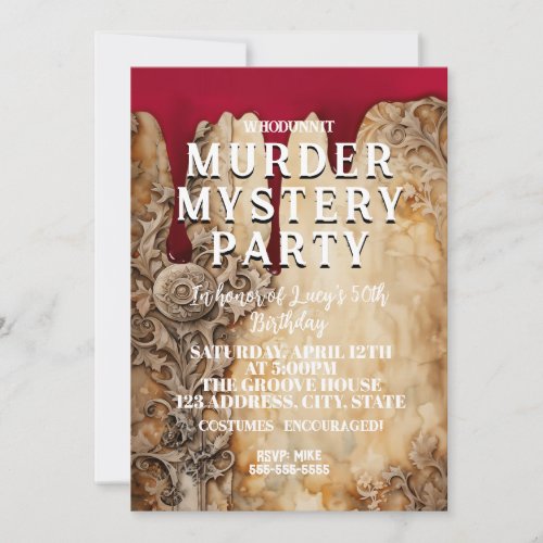 whodunit murder mystery bloody party 40th 50th 60  invitation