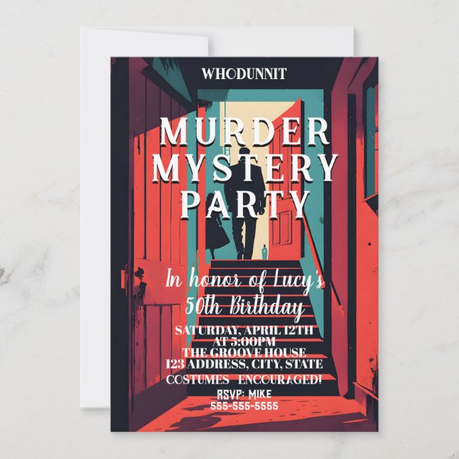 whodunit murder mystery detective dinner party invitation (Front)