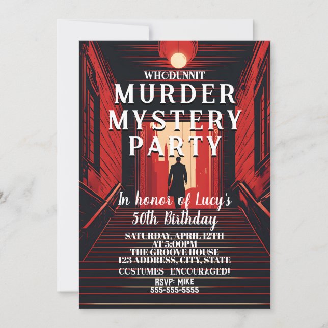 whodunit murder mystery detective dinner party invitation (Front)