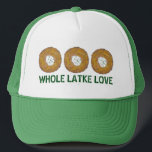 Whole Latke (Lotta) Love Potato Pancakes Hanukkah Trucker Hat<br><div class="desc">Design features an original marker illustration of a delicious latke potato pancake topped with sour cream, a staple in Jewish holiday cuisine, and WHOLE LATKE LOVE in a fun font. Ideal for Hanukkah celebrations! This Chanukah latkes design is also available on other products. Lots of additional foodie designs are also...</div>