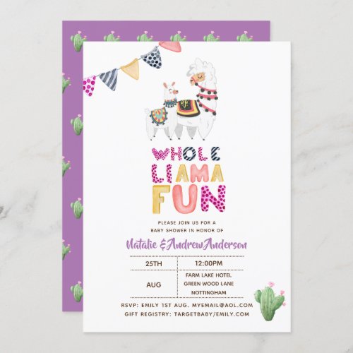 Whole LLama Fun Baby Mama Shower Purple Pink Girls Invitation