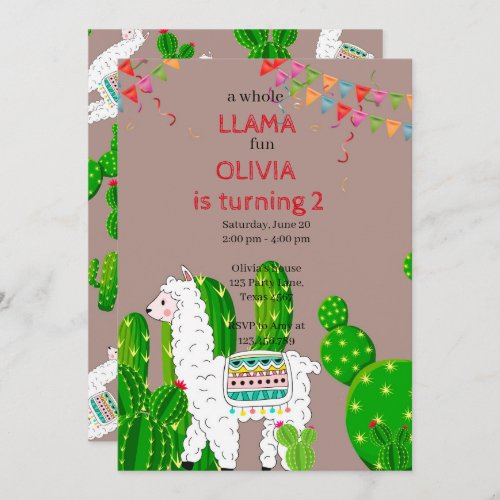 Whole llama fun birthday invitation Alpace Cactus