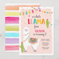 Whole llama fun birthday invitation Alpace Cactus