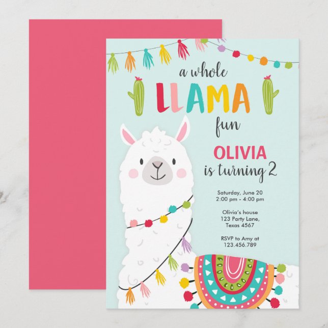 Whole llama fun birthday invitation Alpace Fiesta (Front/Back)