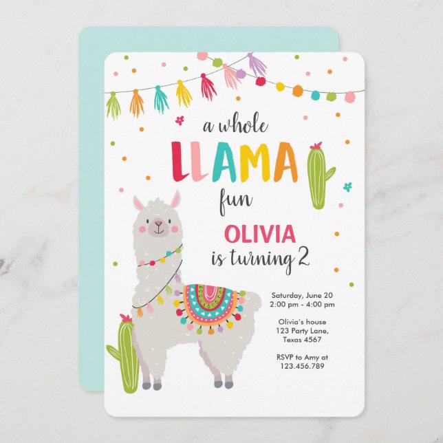 Whole llama fun birthday invitation Alpace Fiesta (Front/Back)