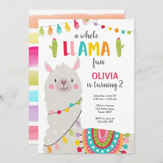 Whole llama fun birthday invitation Alpace Fiesta (Front/Back)