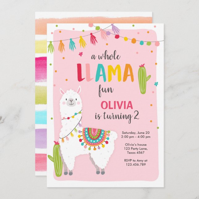 Whole llama fun birthday invitation Alpace Fiesta (Front/Back)