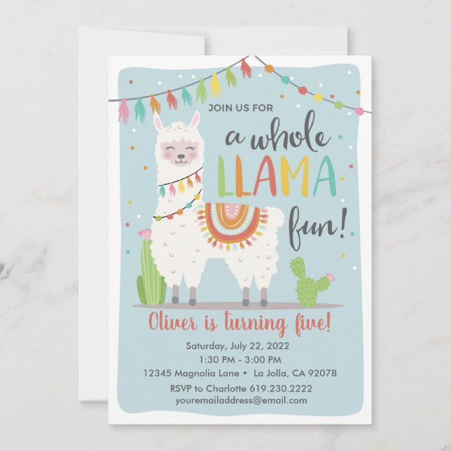 Whole Llama Fun Birthday Invitation • Cactus • Blu (Front)
