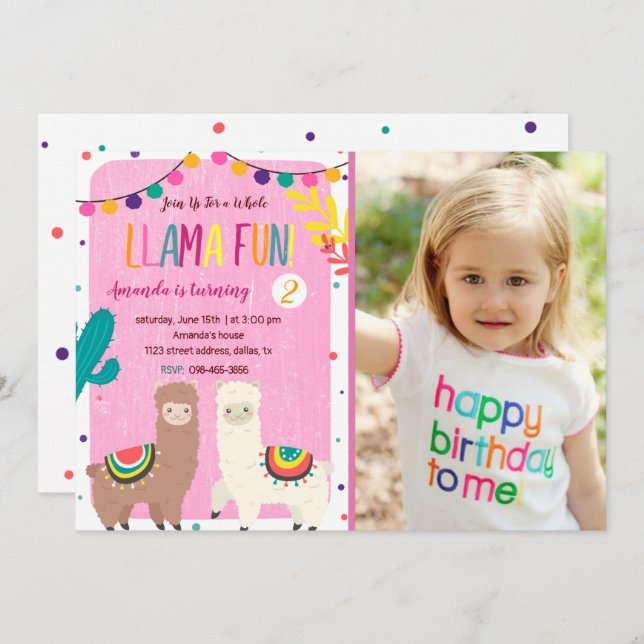 Whole Llama Fun Birthday Invitation with Photo (Front/Back)