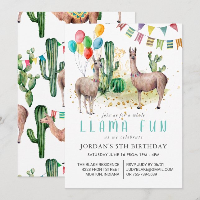Whole Llama Fun Birthday Party Invitation (Front/Back)