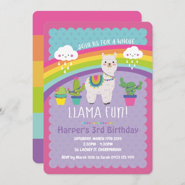 Whole Llama Fun Birthday Party Invitations Alpaca (Front/Back)