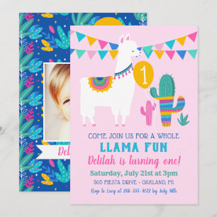 Whole Llama Fun Cactus Pink Birthday Photo Invitation