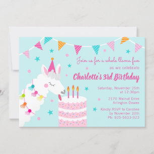 Whole Llama Fun Cake 3rd Birthday Aqua Invitation
