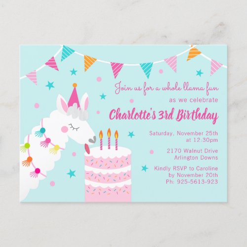 Whole Llama Fun Cake 3rd Birthday Aqua Invitation Postcard