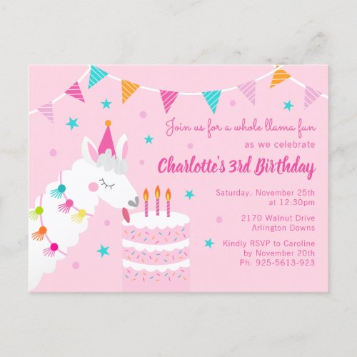 Whole Llama Fun Cake 3rd Birthday Pink Invitation Postcard