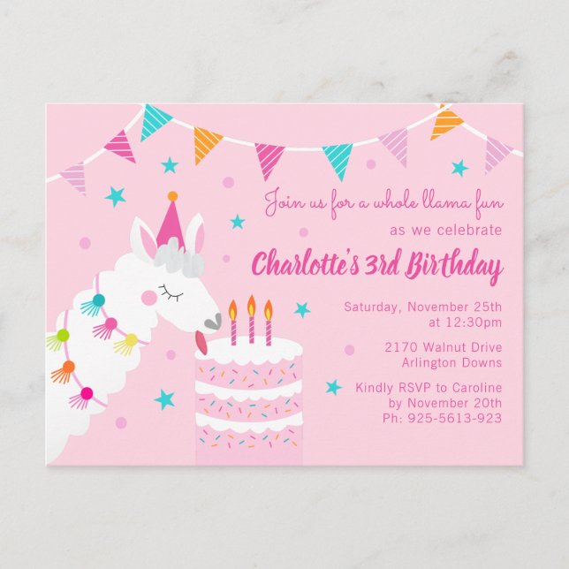 Whole Llama Fun Cake 3rd Birthday Pink Invitation Postcard (Front)