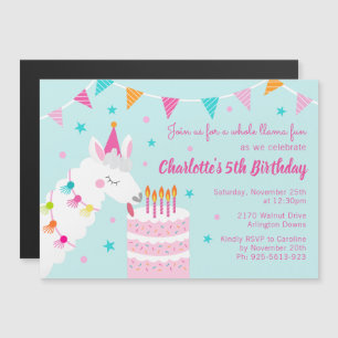 Whole Llama Fun Cake 5th Birthday Aqua Magnetic Invitation