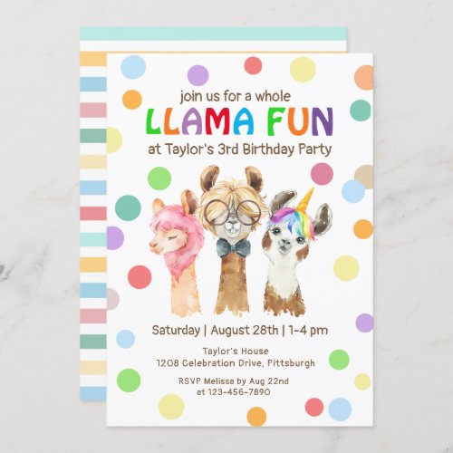 Whole Llama Fun Colorful Kids Birthday Party Invitation