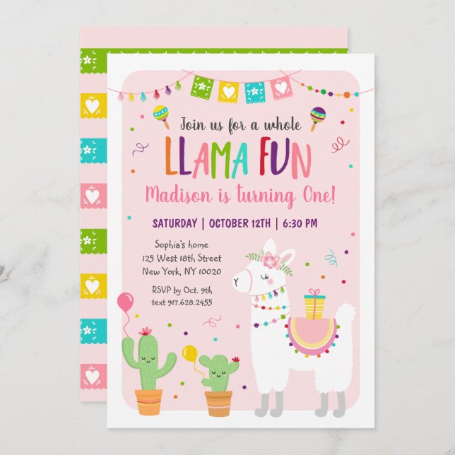 Whole Llama Fun Fiesta Cactus Birthday Invitation (Front/Back)