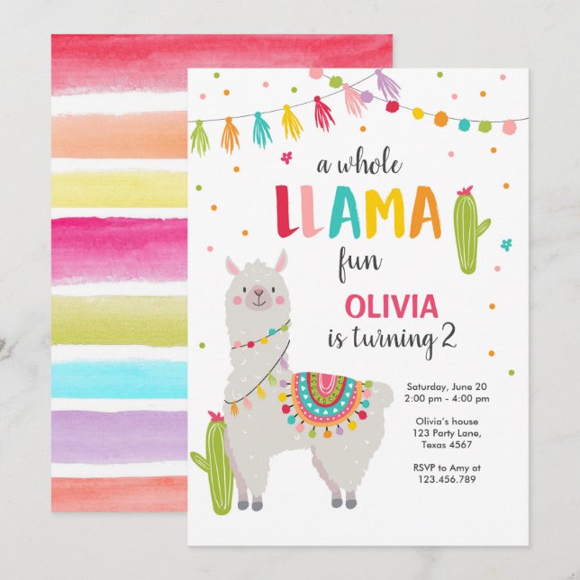 Whole Llama Fun Fiesta Girl Birthday Invitation (Front/Back)
