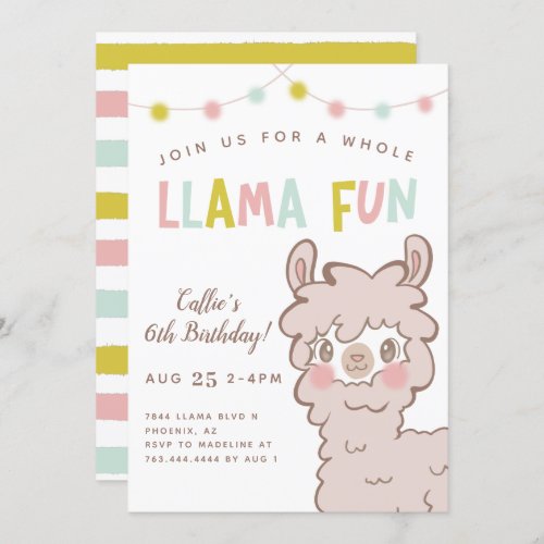 Whole Llama Fun Kids Birthday Party Invitation