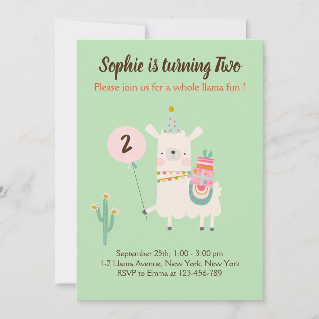 Whole Llama Fun Lime Green Birthday Party Invitation (Front)
