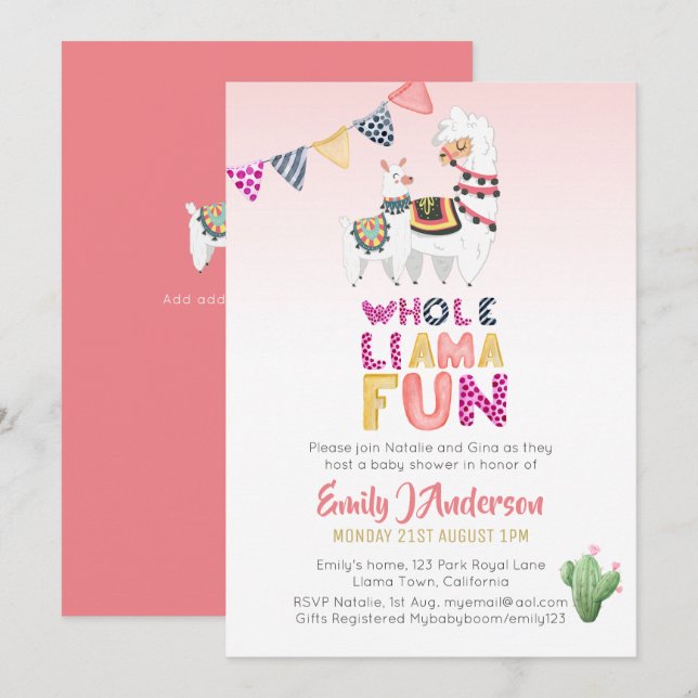 Whole LLama Fun Mama Baby Fiesta Cacti Pink Girls Invitation (Front/Back)