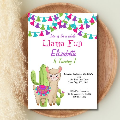 Whole Llama Fun Pink Purple Cactus Baby Shower Invitation