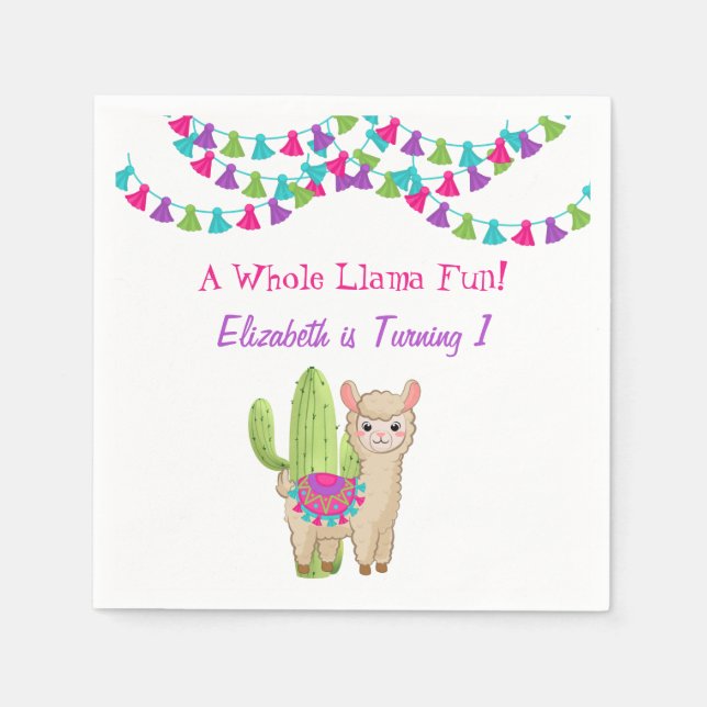 Whole Llama Fun Pink Purple Cactus Child Birthday Napkins (Front)