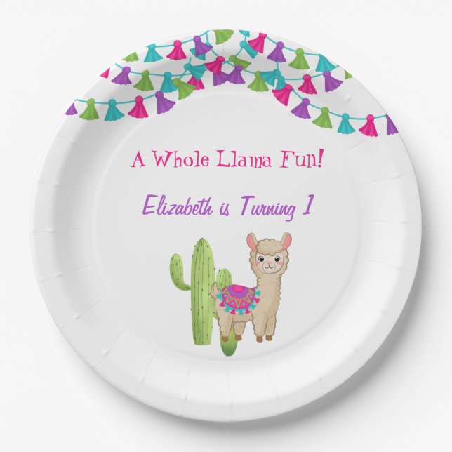 Whole Llama Fun Pink Purple Cactus Child Birthday Paper Plates (Front)