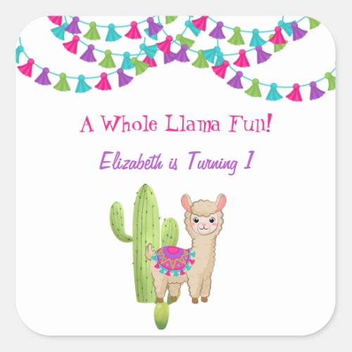 Whole Llama Fun Pink Purple Cactus Child Birthday Square Sticker