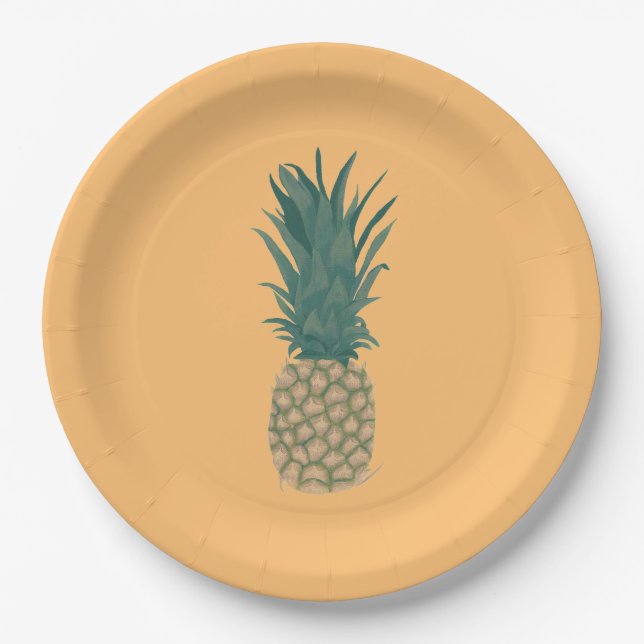 Whole Ripe Pineapple Painting Leaves Paper Plates (Front)