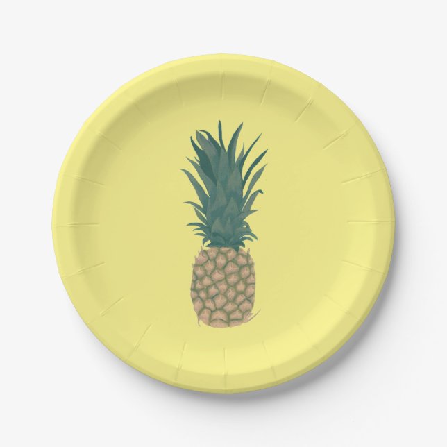 Whole Ripe Pineapple Painting with Leaves Paper Plates (Front)