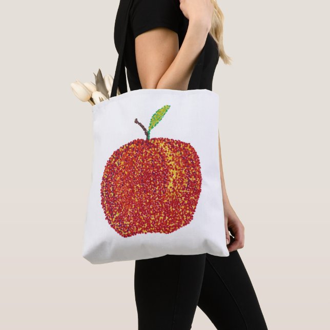 Whole Ripe Red Apple in Pointillism Tote Bags (Close Up)
