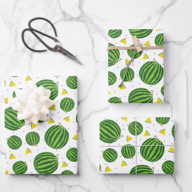 Whole Watermelons & Yellow Wedges Pattern Wrapping Paper Sheets (Front)