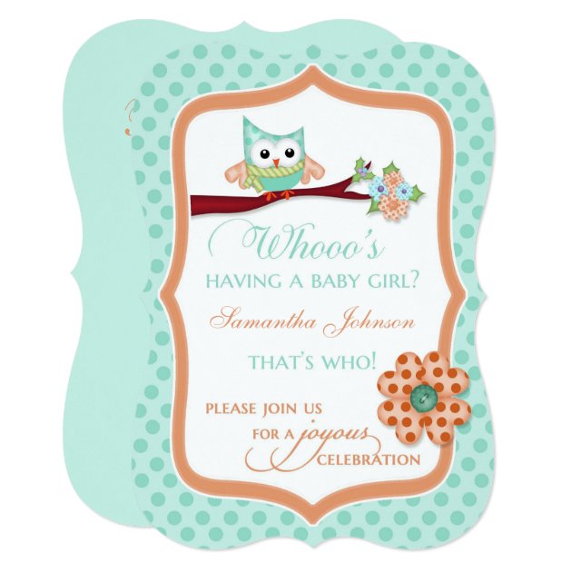 Whooo's Having A Baby Girl? Aqua & Peach Invitation