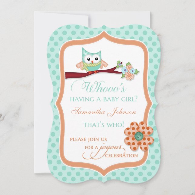 Whooo's Having a Baby Girl? Aqua & Peach Invitation (Front)