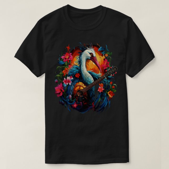 Whooping Crane Playing Guitar T-Shirt (Design Front)