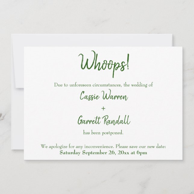 Whoops! Green White Postponed Wedding Announcement (Front)