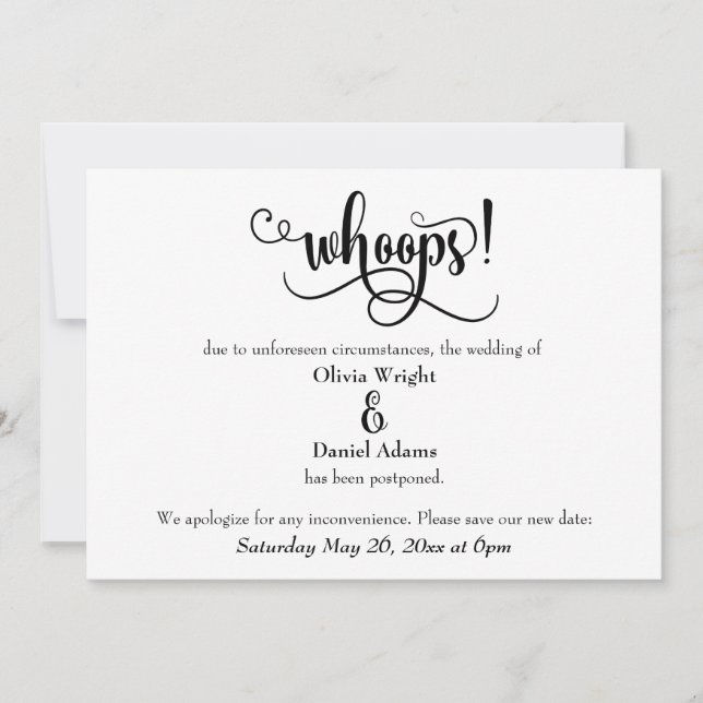 "Whoops!" Humorous Postponed Wedding Announcement (Front)